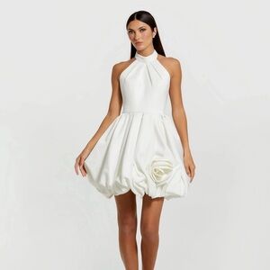 Mac Duggal White Halter Neck Bubble Hem Satin Mini Dress